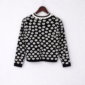 Black White Daisy Knit Sweater Retro Floral Pattern Mod Pullover S